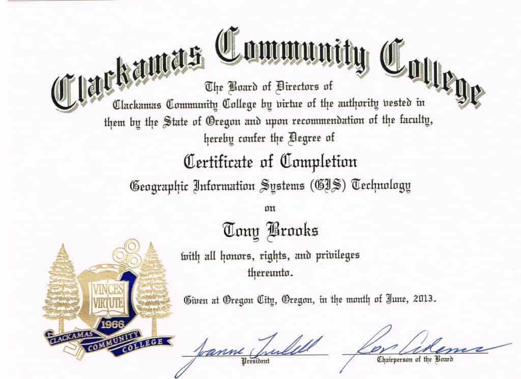 13-06 Clackamas Community College Certificate of Completion GIS Technology
